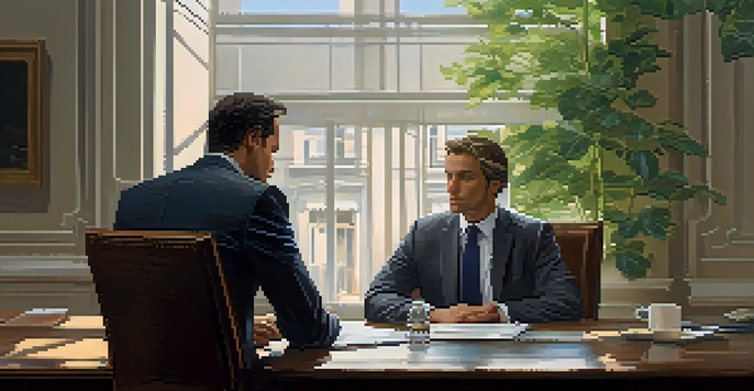 A crisis negotiator calmly conversing with a distressed individual at a negotiation table in a peaceful office setting.