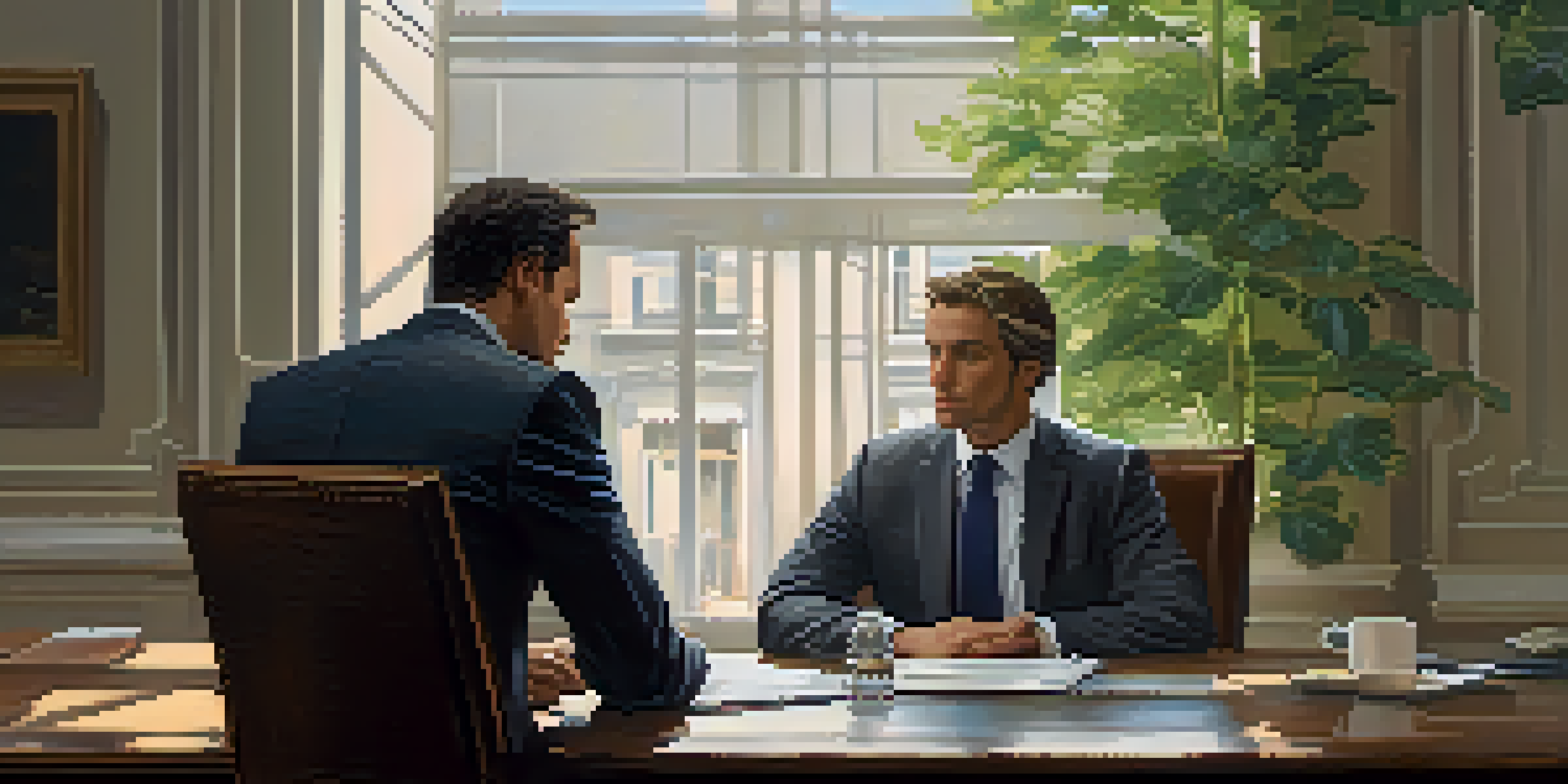 A crisis negotiator calmly conversing with a distressed individual at a negotiation table in a peaceful office setting.