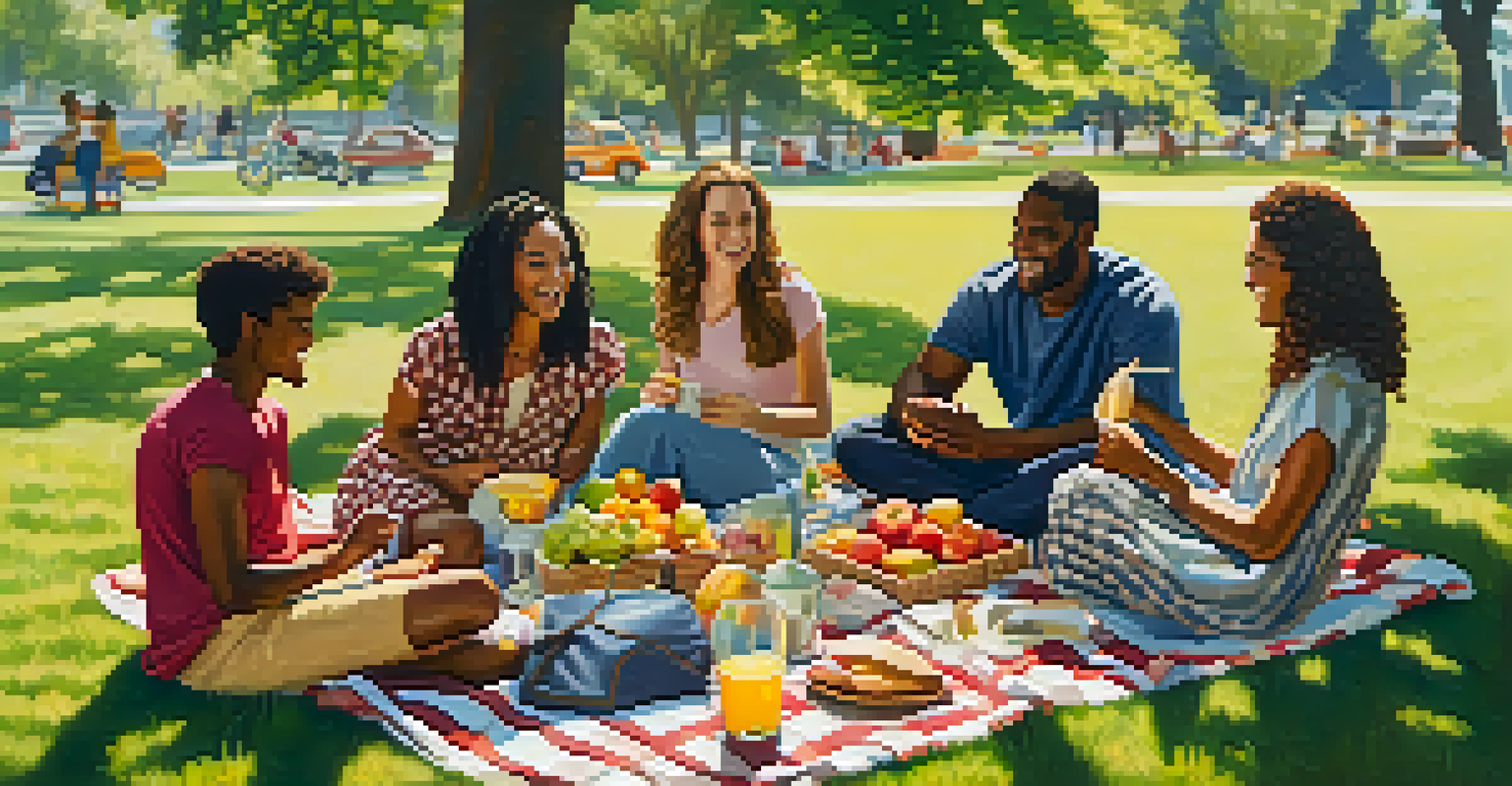A diverse group of friends enjoying a picnic in a park, surrounded by food and laughter.