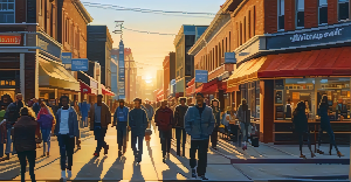 A busy urban street during sunset with diverse people walking and shops illuminated by city lights.