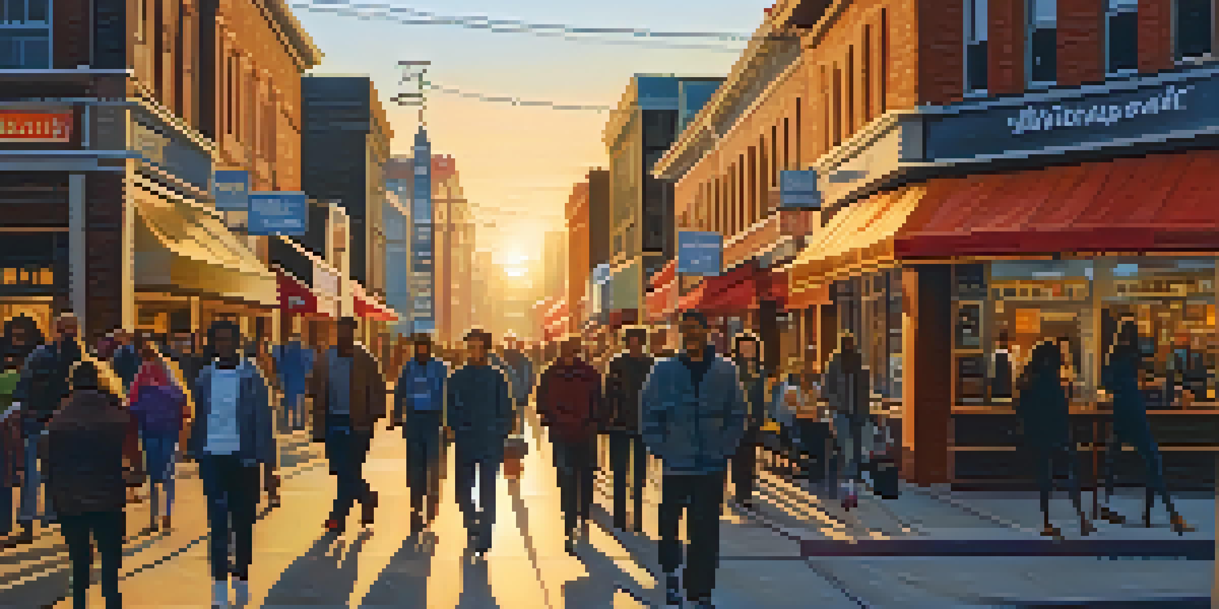 A busy urban street during sunset with diverse people walking and shops illuminated by city lights.
