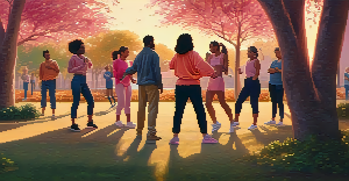 A diverse group of people practicing self-defense techniques in a park during sunset, with warm colors and dappled shadows.