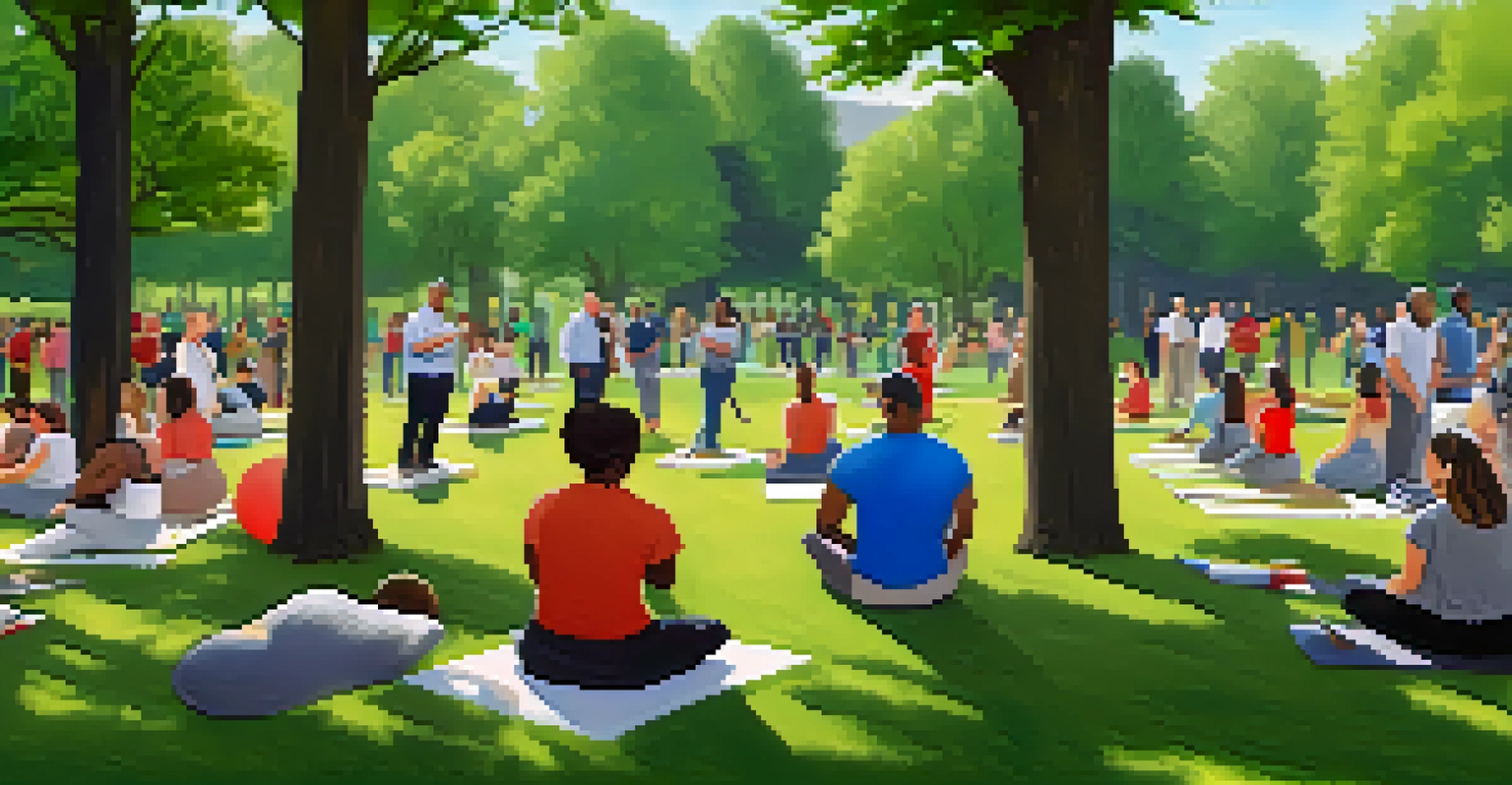 A community self-defense workshop in a park, showcasing a trainer demonstrating techniques to an engaged group of attendees in a natural setting.