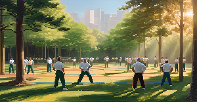 A diverse group of people practicing self-defense techniques in a green park, with sunlight filtering through the trees.