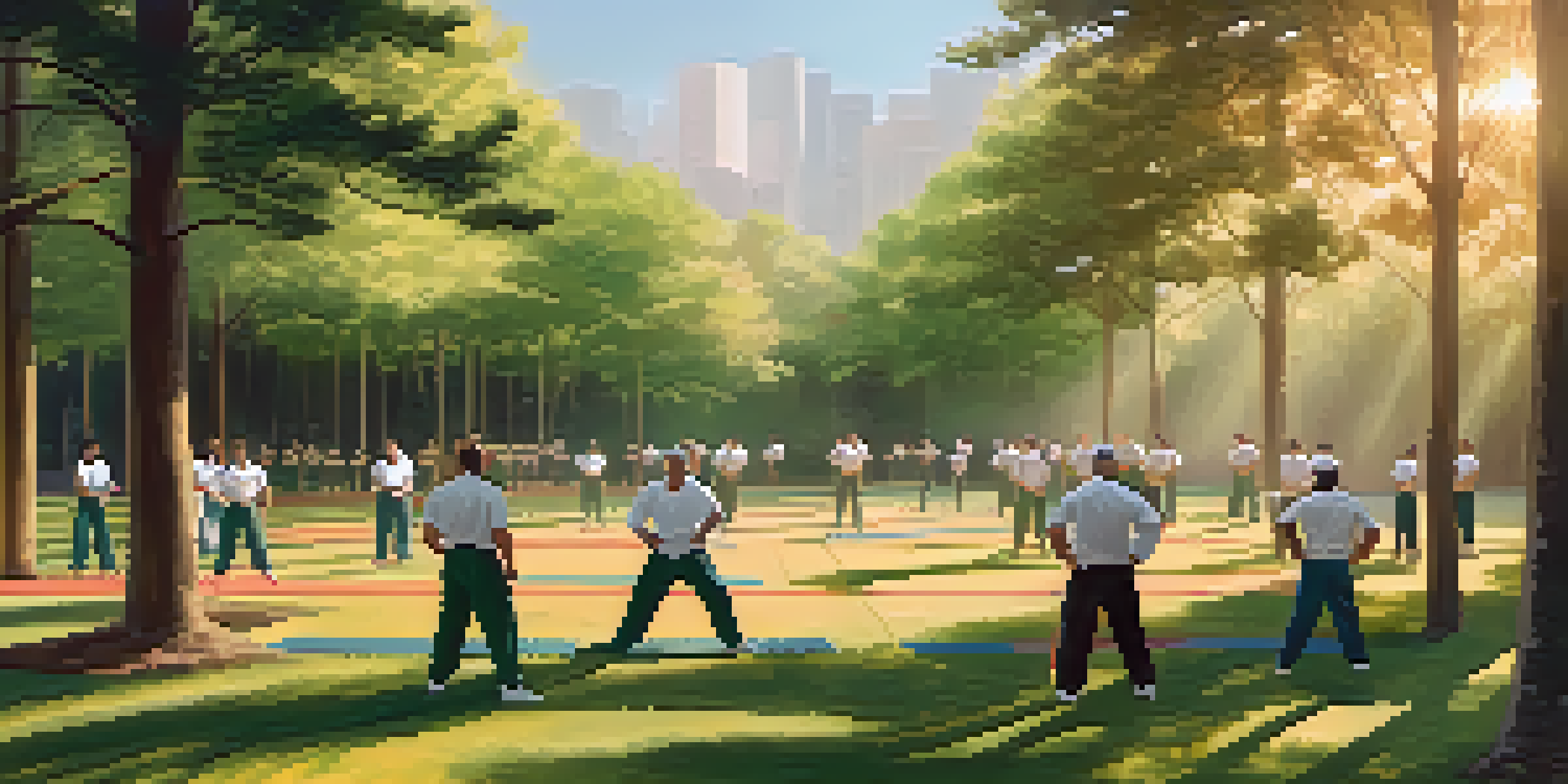 A diverse group of people practicing self-defense techniques in a green park, with sunlight filtering through the trees.