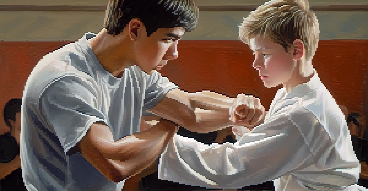 A young person demonstrating a self-defense technique with a determined expression, in a softly lit environment.
