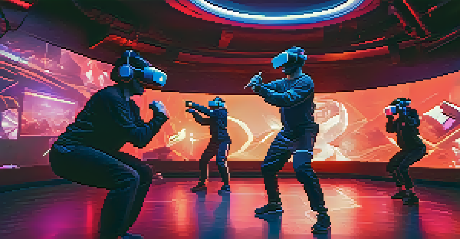 Participants wearing VR headsets engaged in self-defense training with simulated attackers in a futuristic setting.