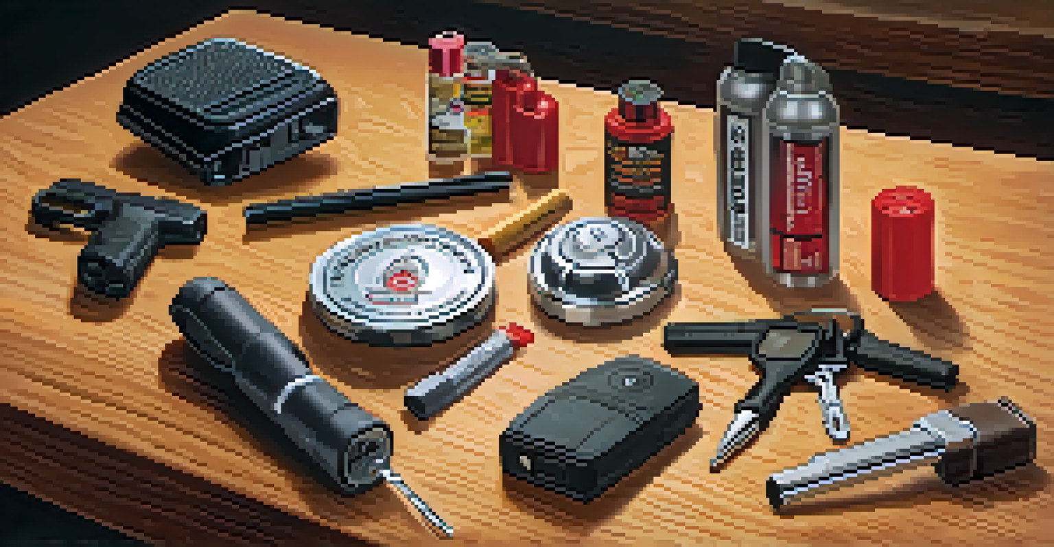 Close-up of various self-defense tools on a wooden table, including a personal alarm and pepper spray.