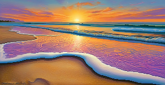 A close-up view of detailed footprints in sand at the beach during sunset, with waves gently approaching.