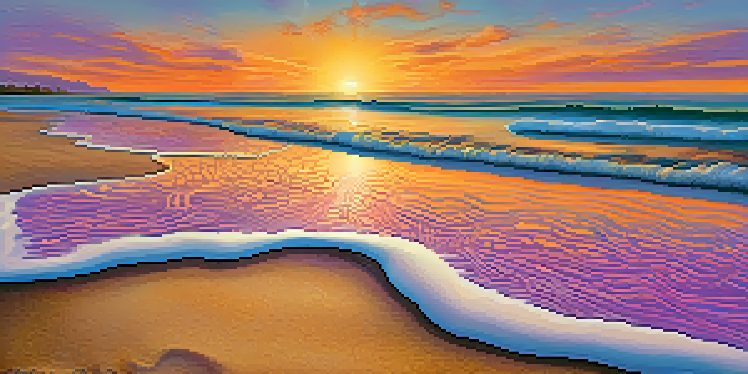 A close-up view of detailed footprints in sand at the beach during sunset, with waves gently approaching.