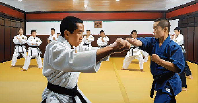 A person practicing self-defense techniques in a dojo, demonstrating focus and determination.