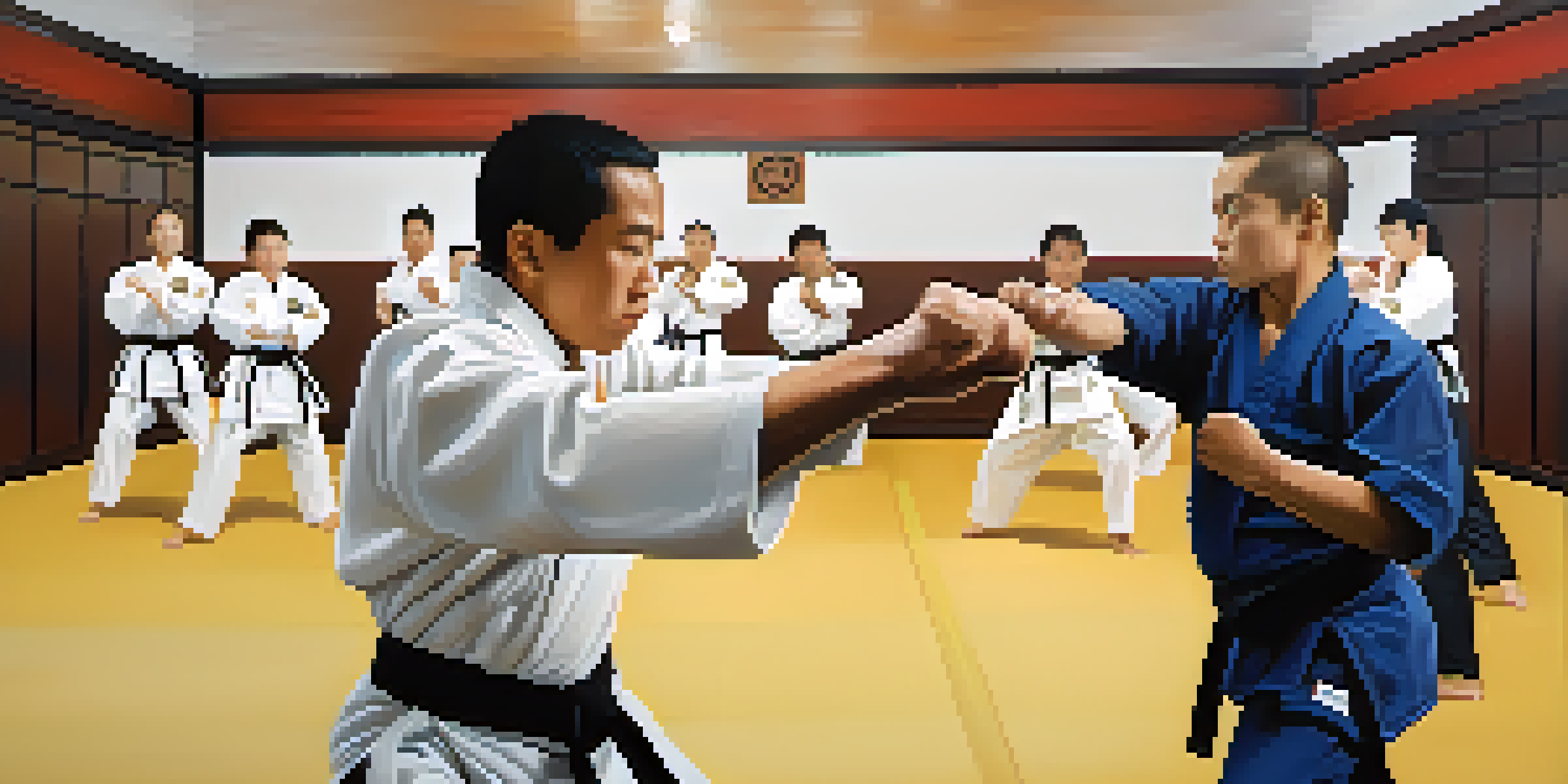 A person practicing self-defense techniques in a dojo, demonstrating focus and determination.