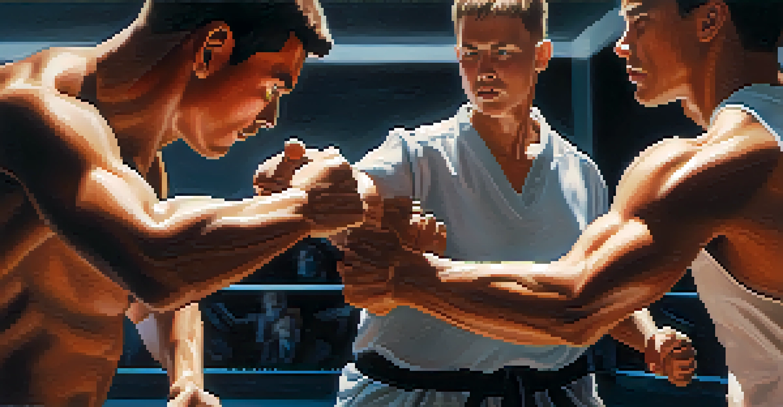 Close-up of hands showing a self-defense grip with blurred participants in the background.