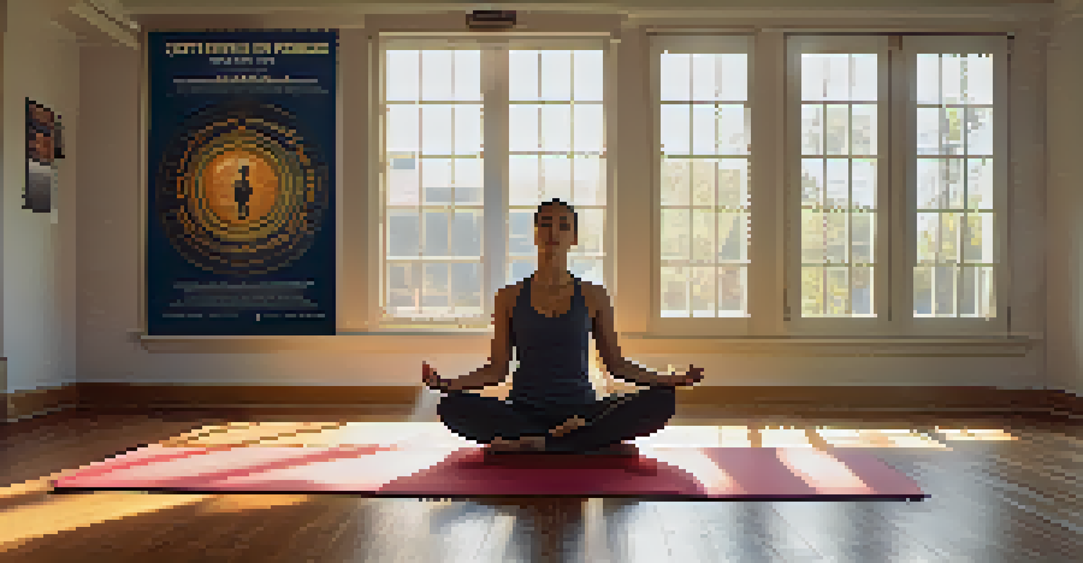 A person meditating on a yoga mat in a calm room, preparing mentally for self-defense, with soft natural light and motivational posters in the background.