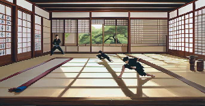 A peaceful dojo with students practicing karate in dynamic poses, illuminated by soft natural light through shoji screens.