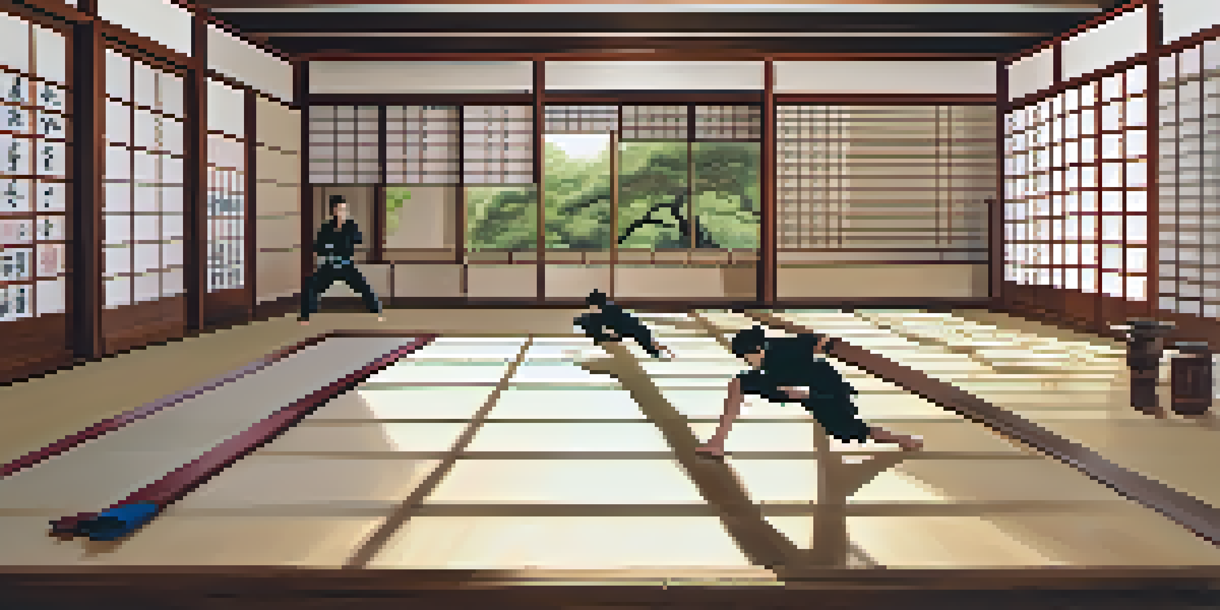 A peaceful dojo with students practicing karate in dynamic poses, illuminated by soft natural light through shoji screens.