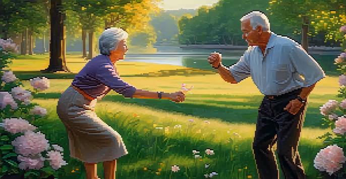 A senior couple practicing self-defense in a park during sunset, surrounded by flowers and trees.
