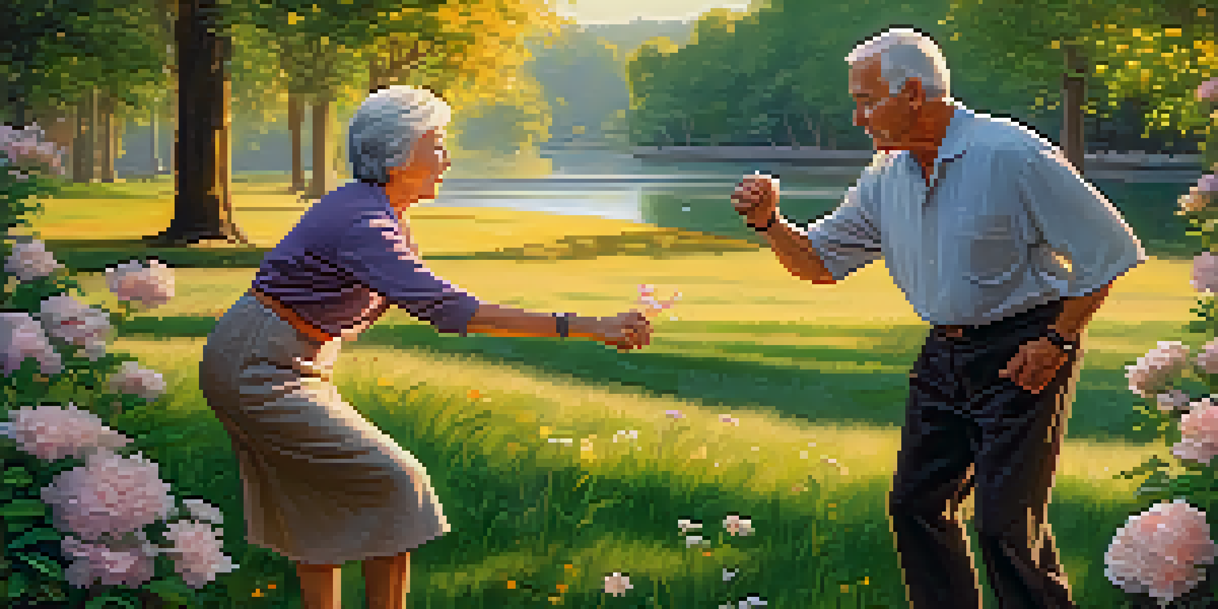A senior couple practicing self-defense in a park during sunset, surrounded by flowers and trees.
