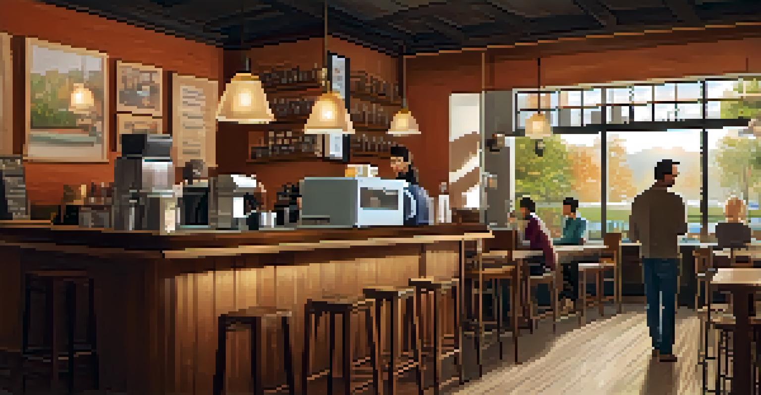 A cozy coffee shop with wooden furniture and soft lighting, customers are chatting and working.