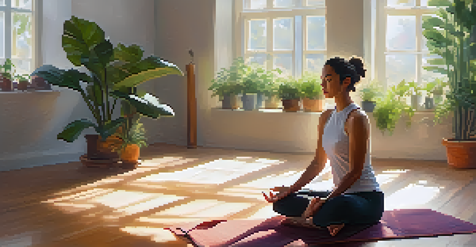 A woman practicing mindfulness before a self-defense class, sitting cross-legged on a mat in a calm environment with sunlight filtering through.