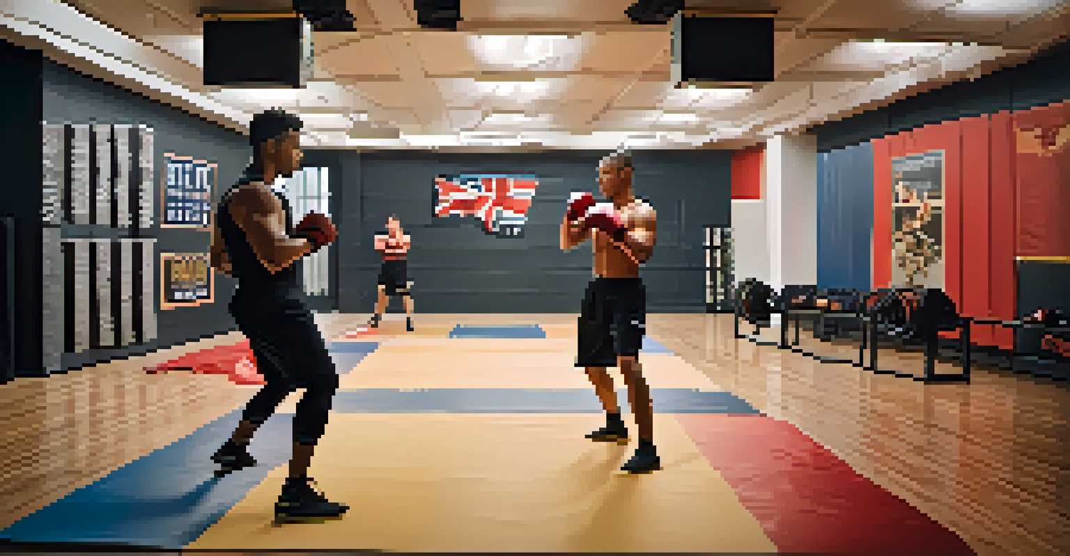 Two athletes training indoors, practicing self-defense techniques with focused expressions and motivational posters on the walls.