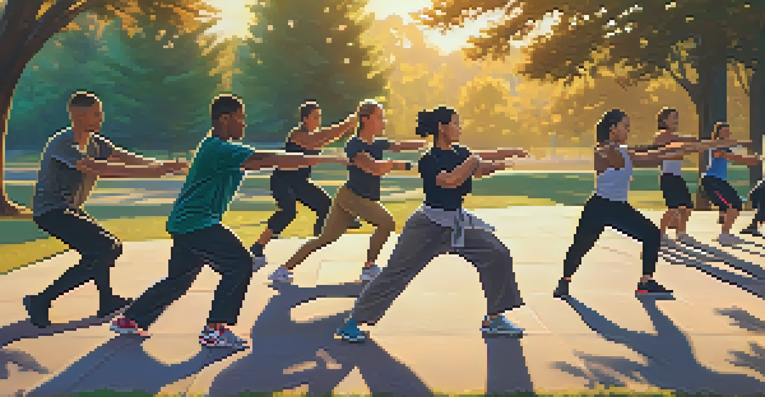 A group practicing self-defense drills in a park during sunset, capturing the energy and beauty of outdoor fitness.