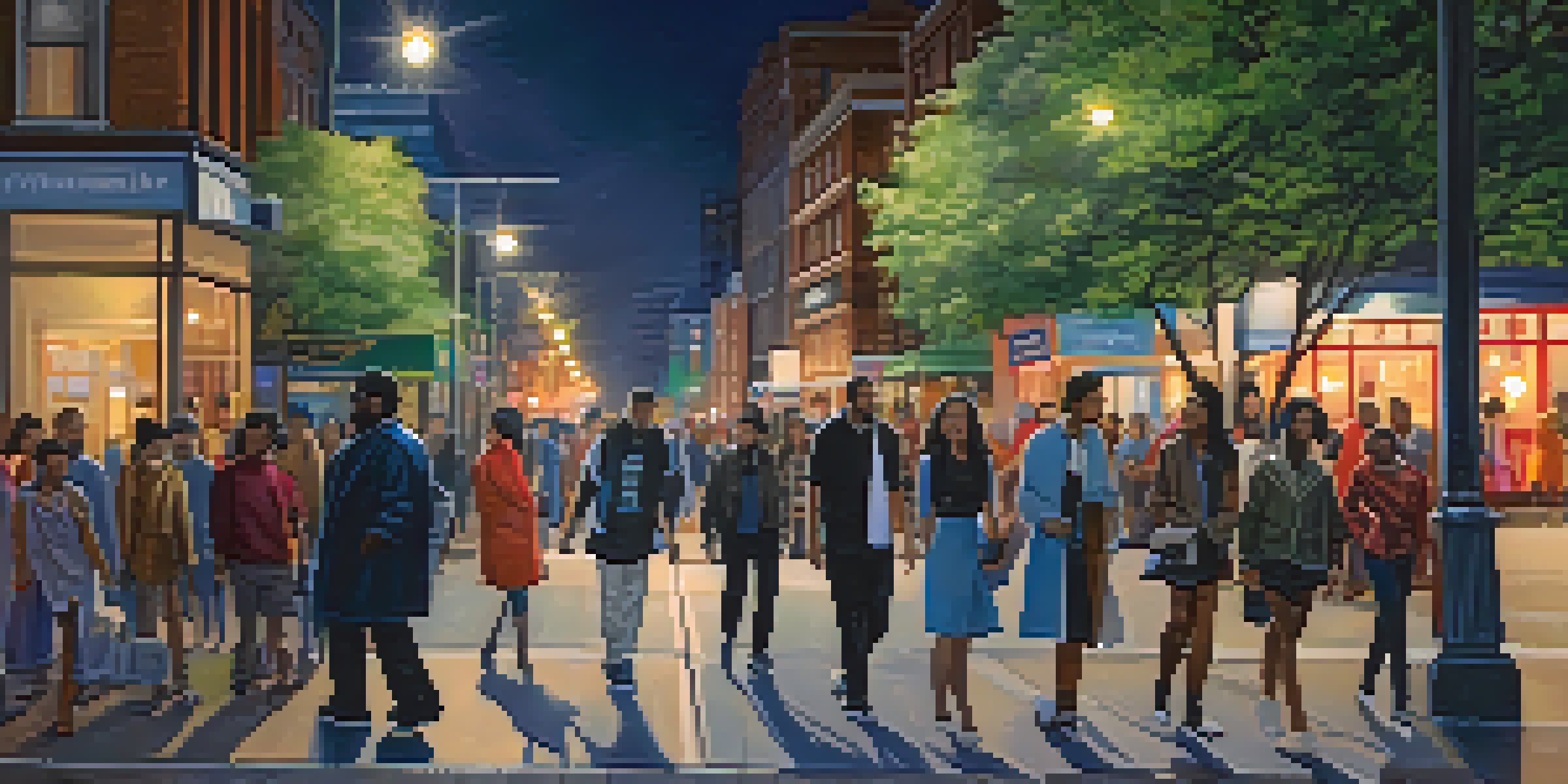 A well-lit nighttime street with people walking together, emphasizing safety and community.