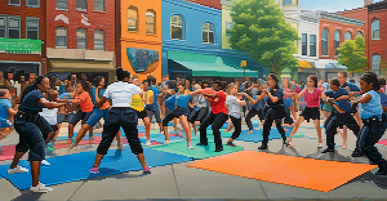 A community self-defense class in an urban area, featuring women and children practicing defensive moves, with a police officer guiding them.