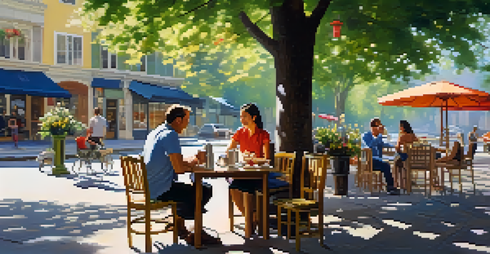 An outdoor café with people chatting, a flower bouquet on a table, sunlight filtering through trees, and a small dog resting on the ground.