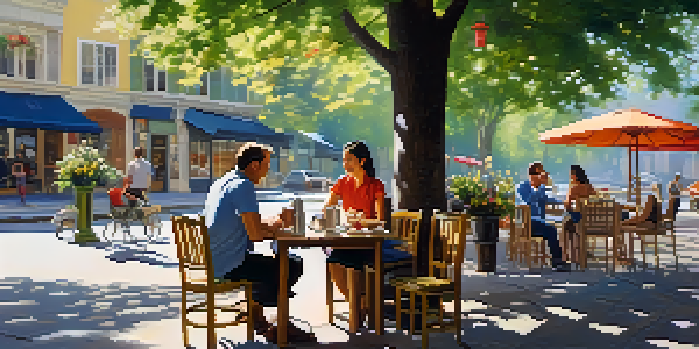 An outdoor café with people chatting, a flower bouquet on a table, sunlight filtering through trees, and a small dog resting on the ground.
