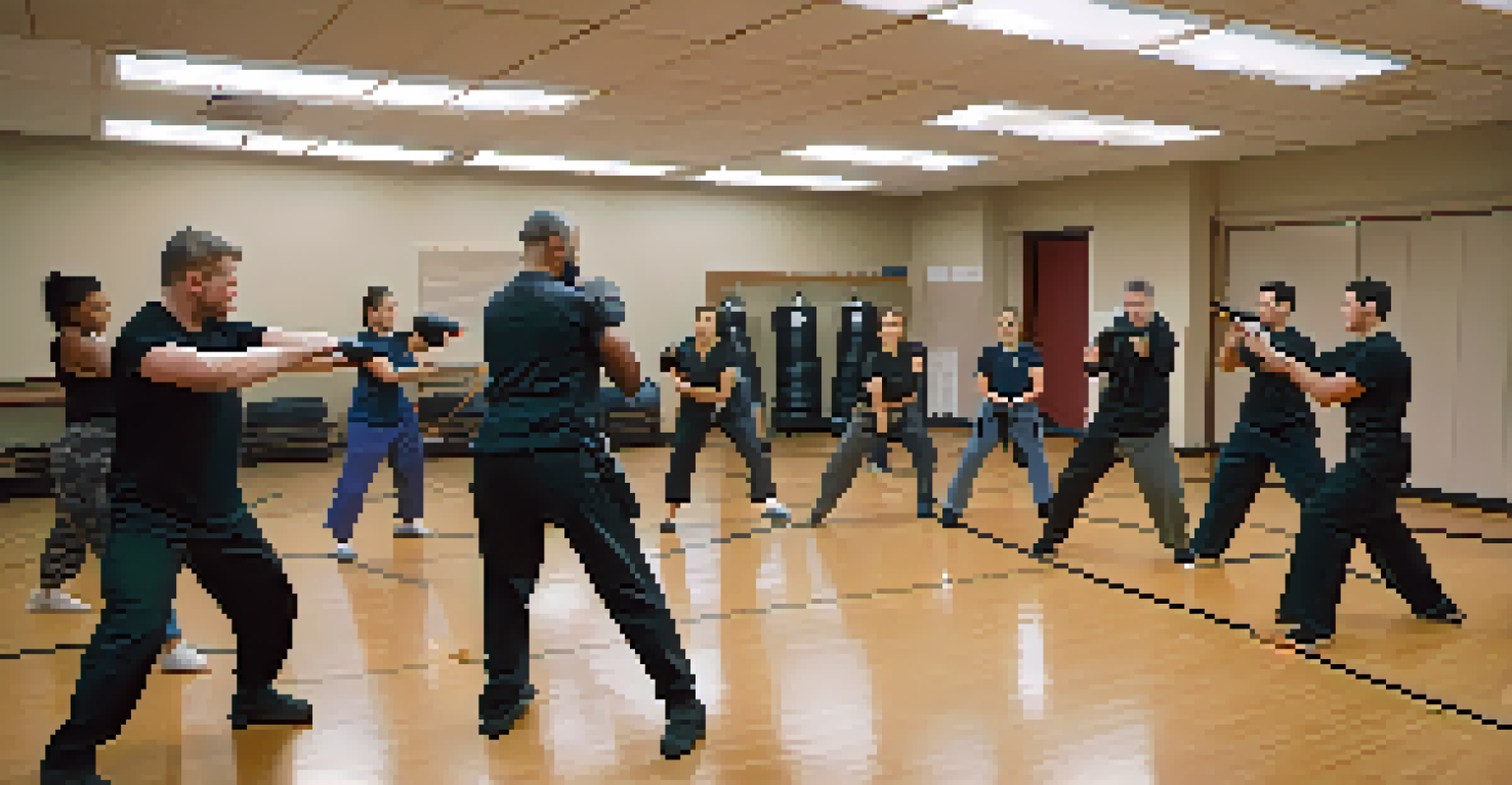 A self-defense class with a diverse group learning about nontraditional weapons.