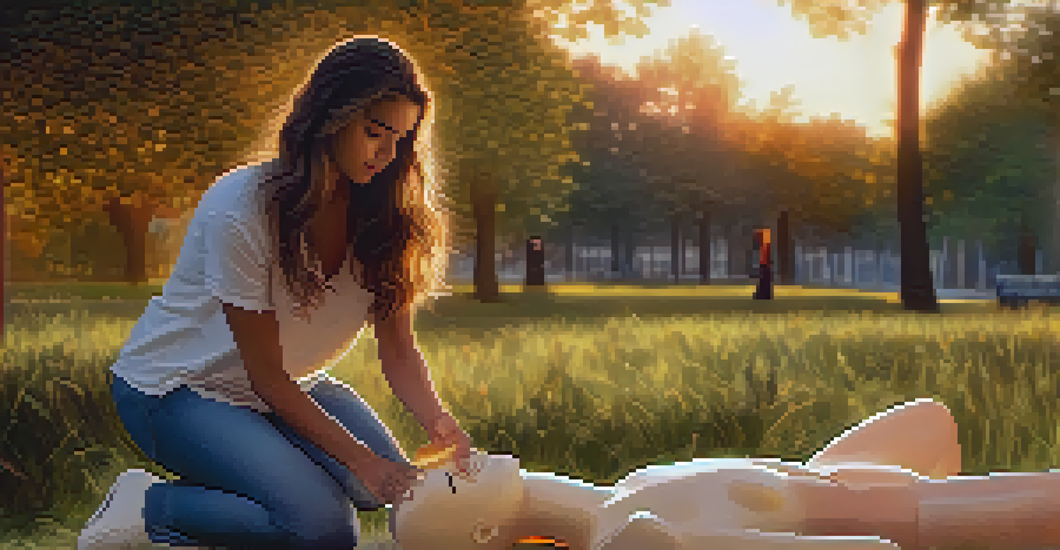 A person performing CPR on a mannequin in a park during sunset, with warm lighting and trees in the background.