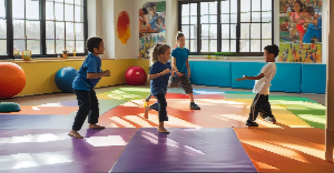 Children practicing self-defense techniques on colorful mats in a bright, welcoming dojo.
