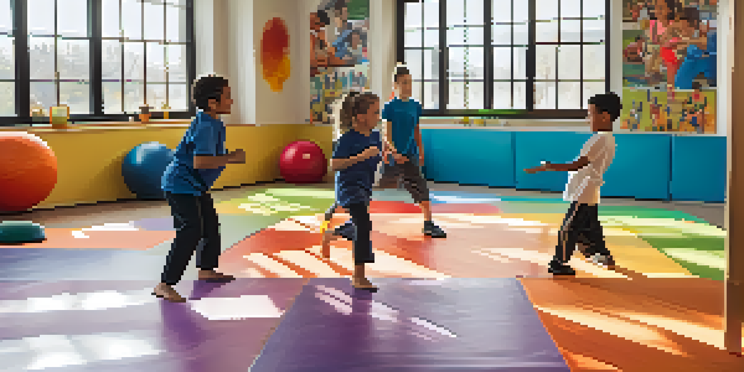 Children practicing self-defense techniques on colorful mats in a bright, welcoming dojo.