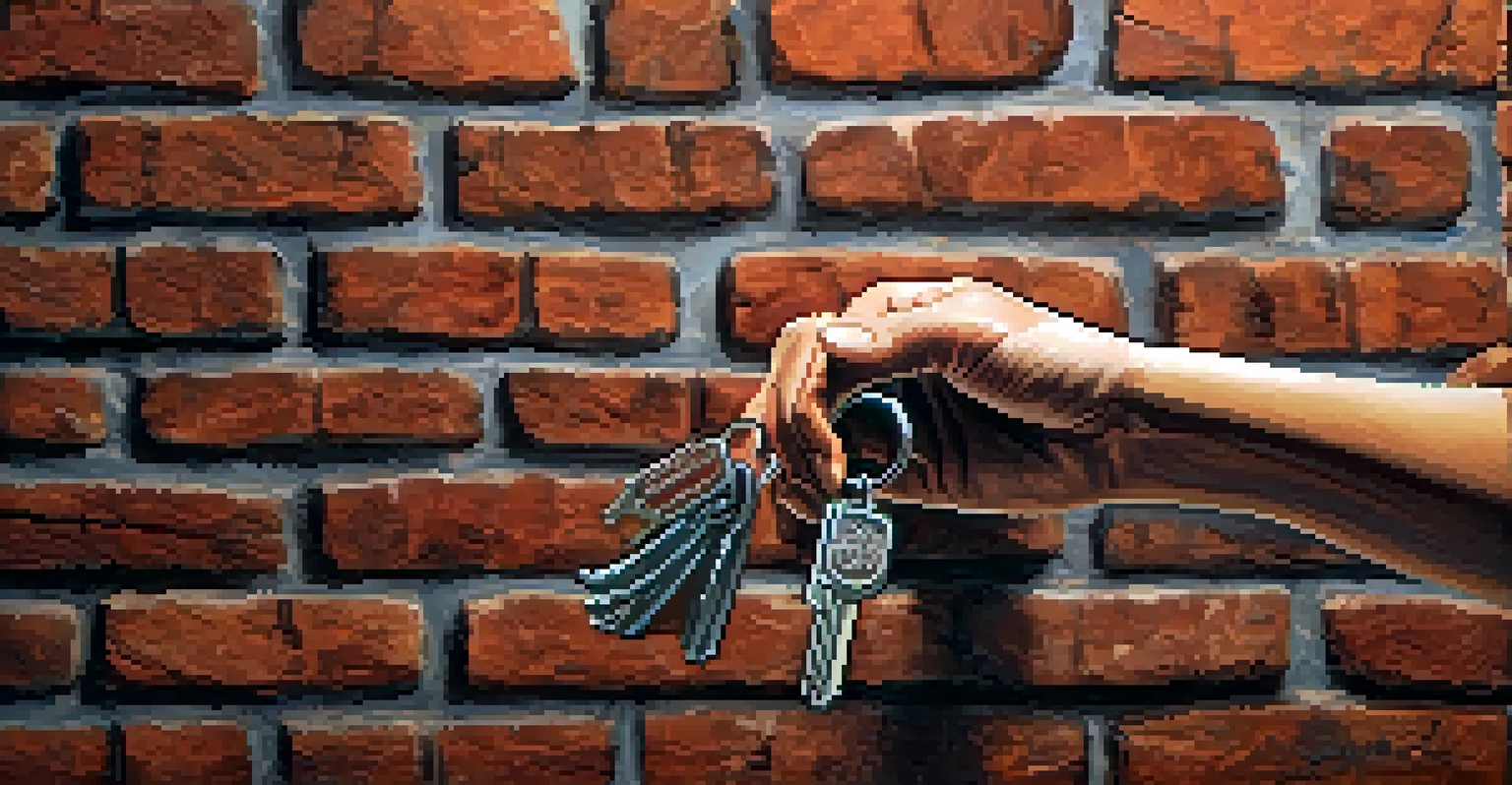 A close-up of a person's hands holding a self-defense keychain against a textured brick wall background.
