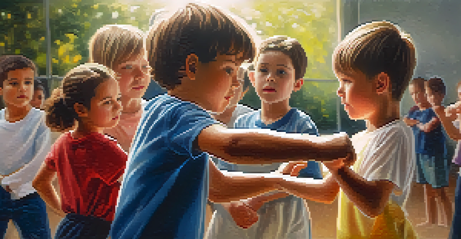 Close-up of a child's hands practicing a self-defense move, showcasing their determined expression with blurred images of peers training in the background.