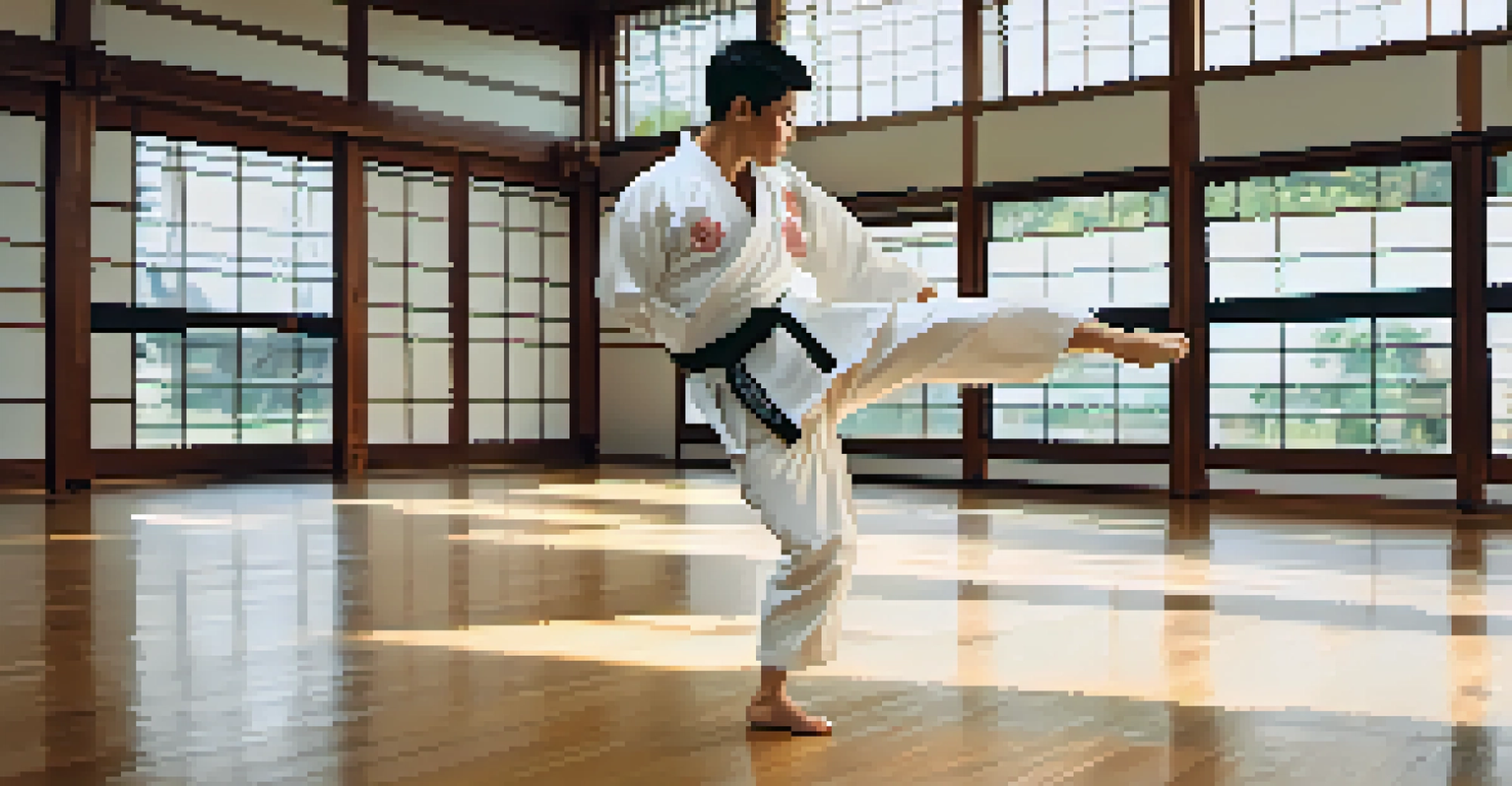 A martial artist performing a high kick in a modern dojo with wooden floors and natural light.