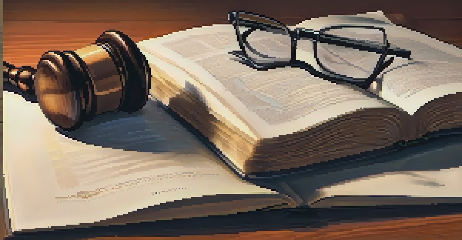 A close-up of a law book, a gavel, and glasses on a wooden table, with warm lighting highlighting the pages.
