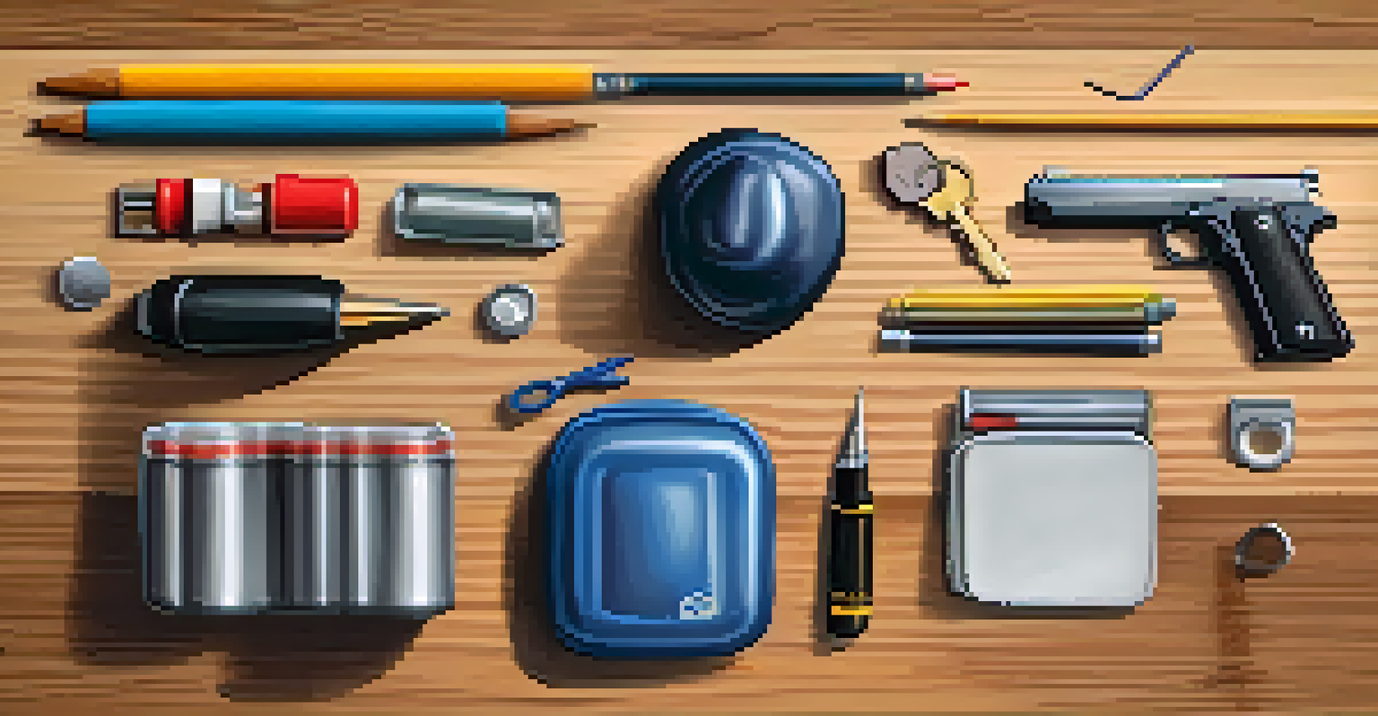 Everyday objects like a pen, keys, and a backpack displayed on a wooden table, highlighting their potential use for self-defense in a creative arrangement.