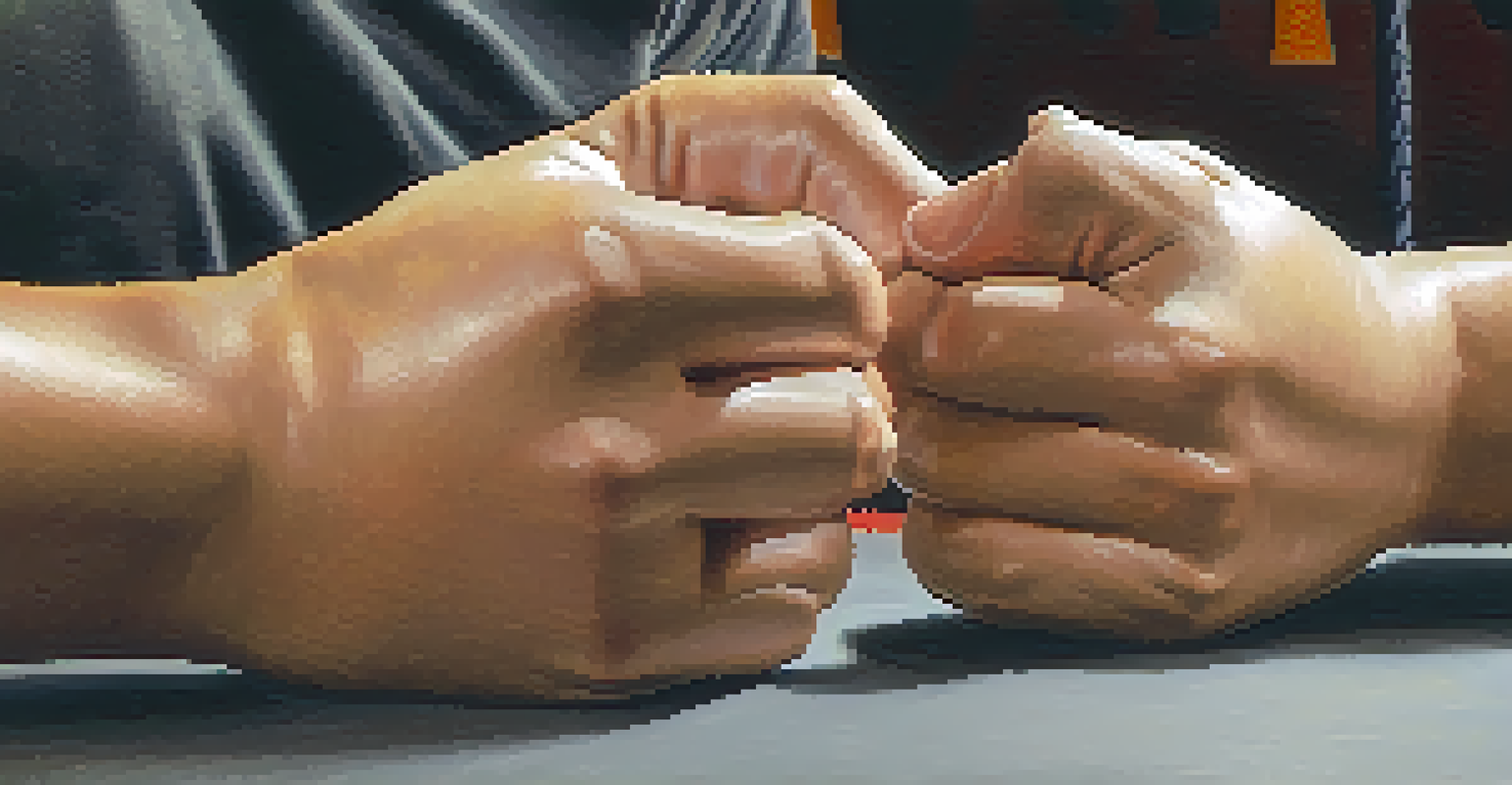 Close-up of a young adult's hands practicing a self-defense grip on a training dummy in a training studio.