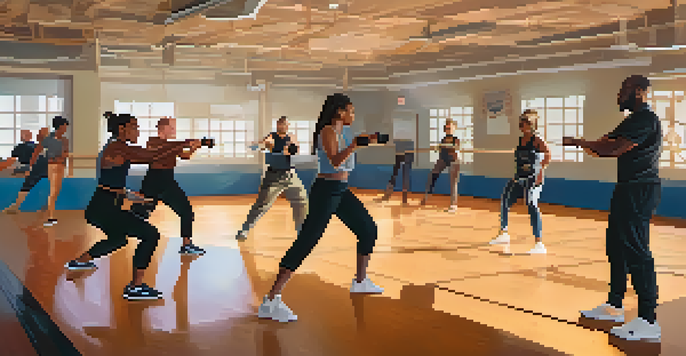 A diverse group of people practicing self-defense techniques in a gym, reflecting empowerment and inclusivity.