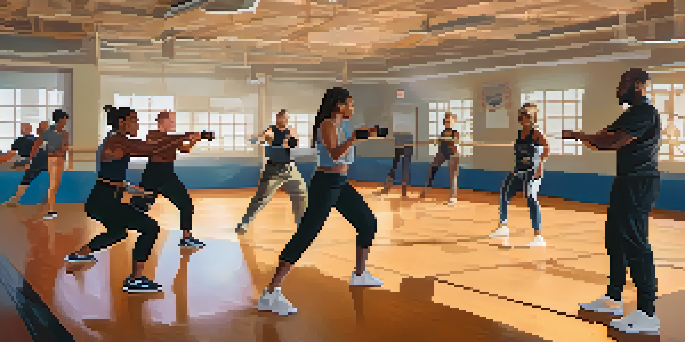 A diverse group of people practicing self-defense techniques in a gym, reflecting empowerment and inclusivity.