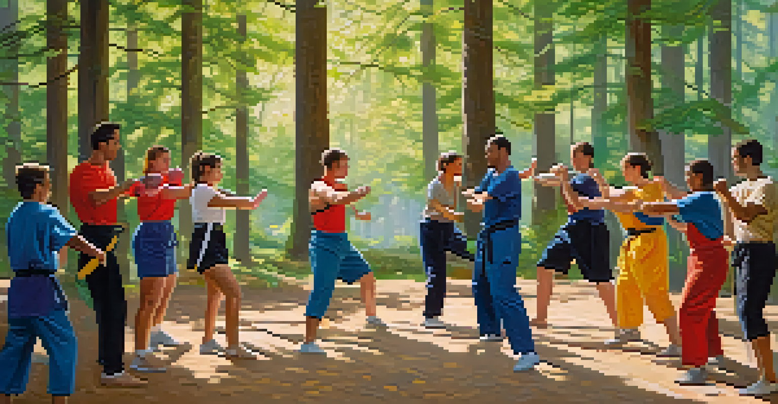 A group of athletes practicing self-defense techniques outdoors, demonstrating teamwork and learning.
