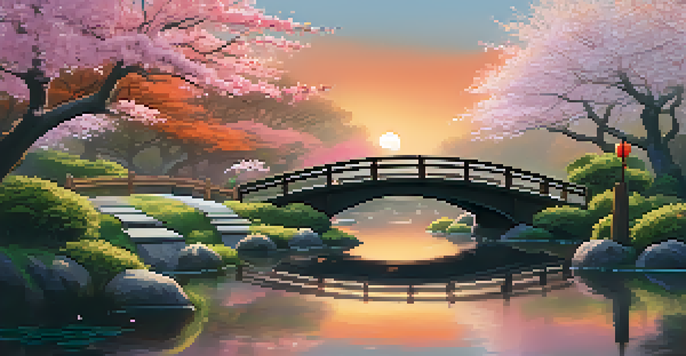 A peaceful Japanese garden at sunset with a koi pond, cherry blossoms, and a wooden bridge.