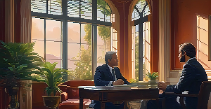 A negotiator and a distressed woman sitting in a softly lit room, engaged in a heartfelt conversation, with warm colors and gentle sunlight.