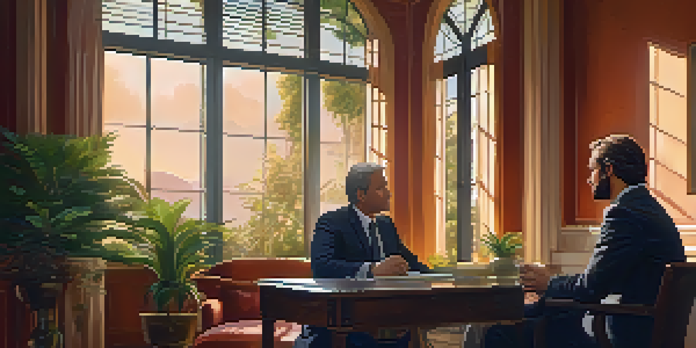 A negotiator and a distressed woman sitting in a softly lit room, engaged in a heartfelt conversation, with warm colors and gentle sunlight.