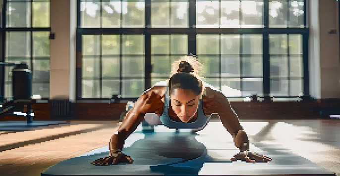 A focused woman doing a plank exercise in a bright gym, emphasizing her strong core.
