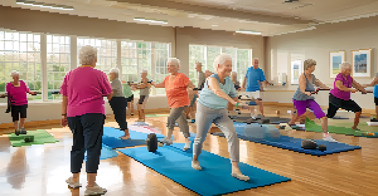 A group of senior citizens participating in a gentle fitness and wellness workshop, practicing exercises together in a bright and supportive space.