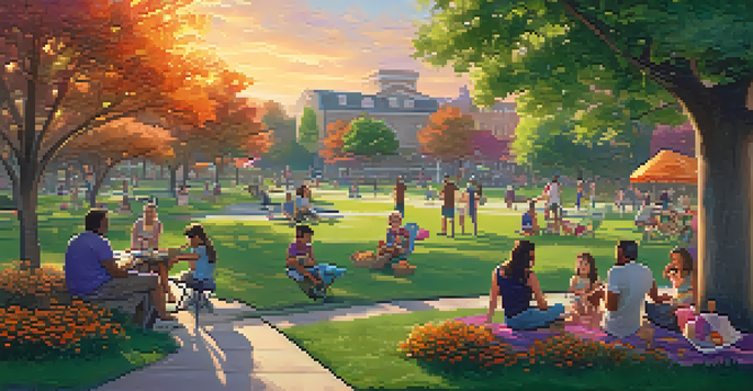 A community park at sunset filled with people enjoying activities like playing games and picnicking, surrounded by trees and blooming flowers.