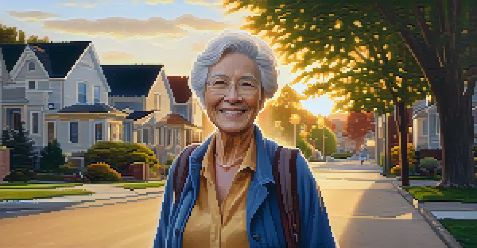 An older woman walking confidently in her neighborhood during sunset, showcasing her empowerment after self-defense training.